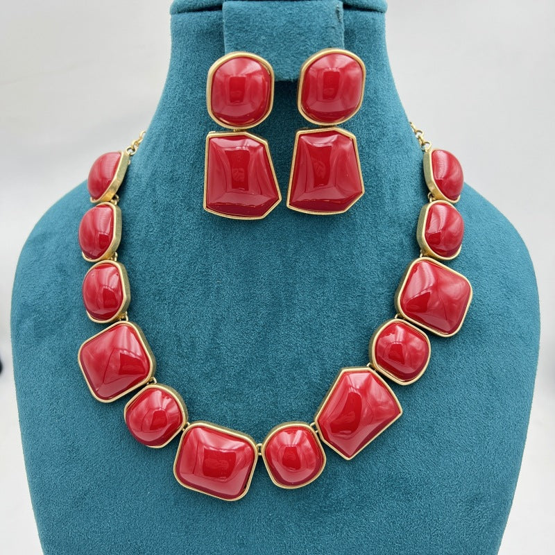 Vintage Red Inlaid Necklace and Earrings Set