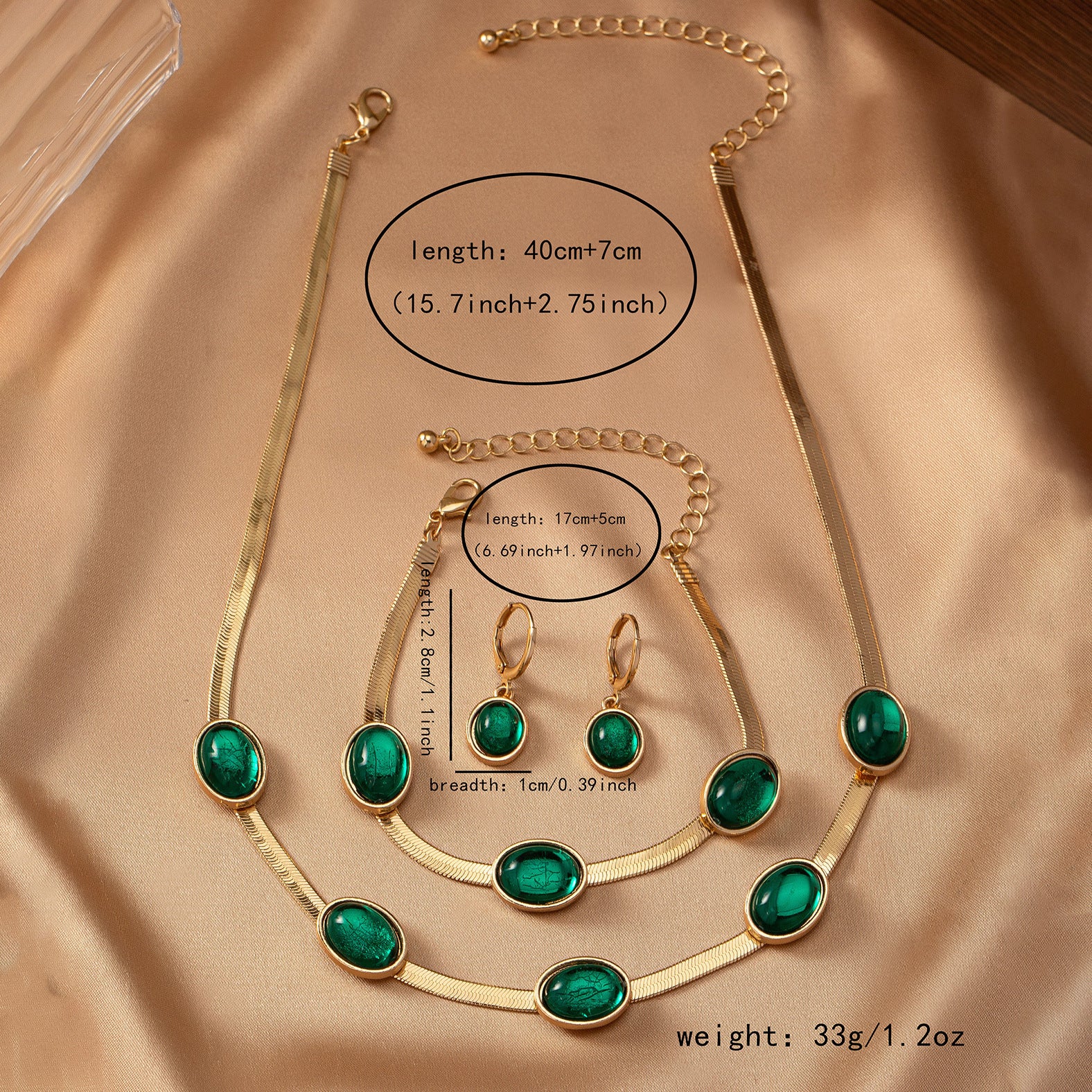 Trendy Emerald Set - Vintage Elegant Necklace, Bracelet, and Earrings