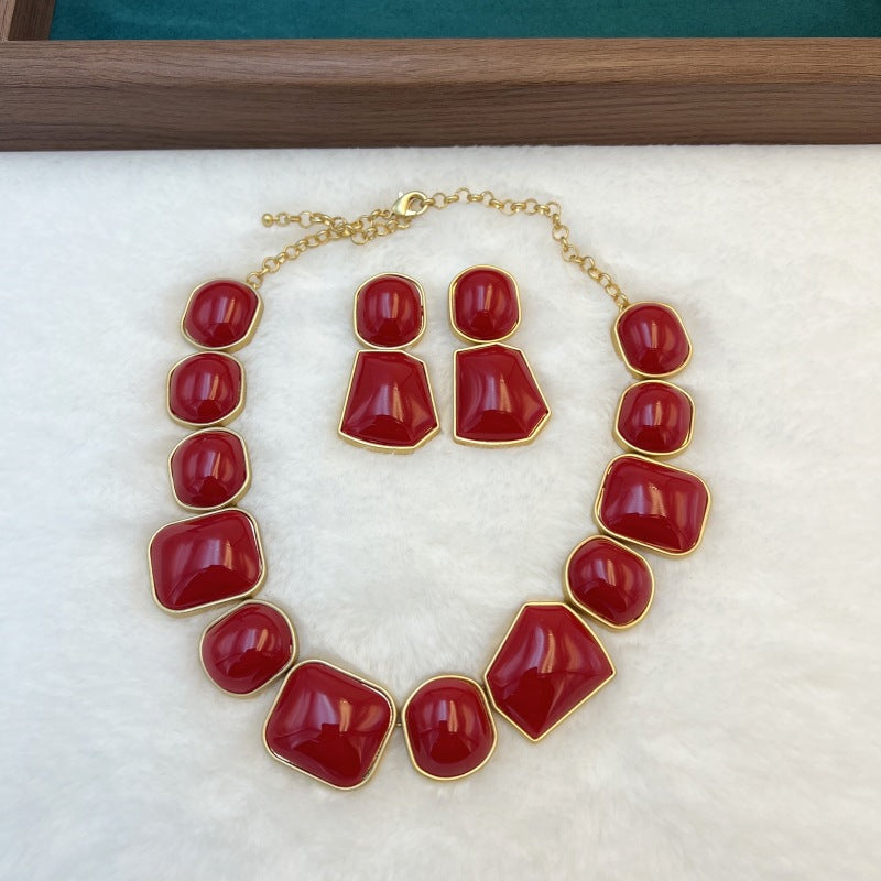 Vintage Red Inlaid Necklace and Earrings Set