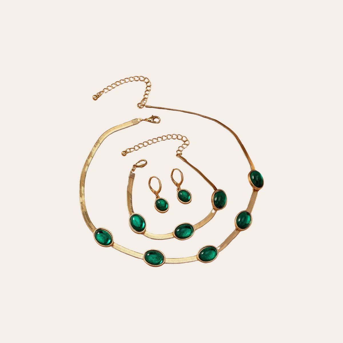 Trendy Emerald Set - Vintage Elegant Necklace, Bracelet, and Earrings